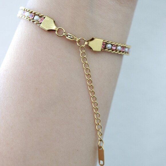 Pearl/Pink CZ Diamond Cuban Chain Tennis Bracelet 18k Gold Plated Stainless Stee - Picture 4 of 4